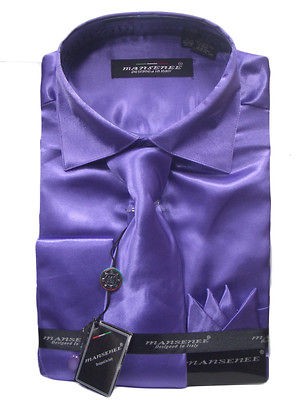 MENS PURPLE SATIN DRESS SHIRT & TIE COMBO SIZE 17 17½ (34/35) NEW 