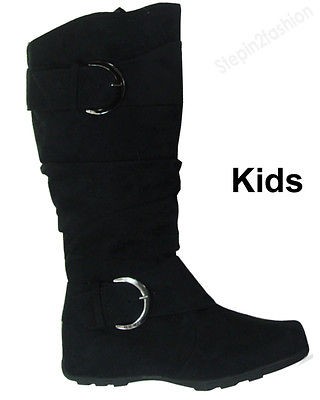 Girls Kids Boots Knee High Faux Suede Flat Boot Fashion Slouch Stylish 