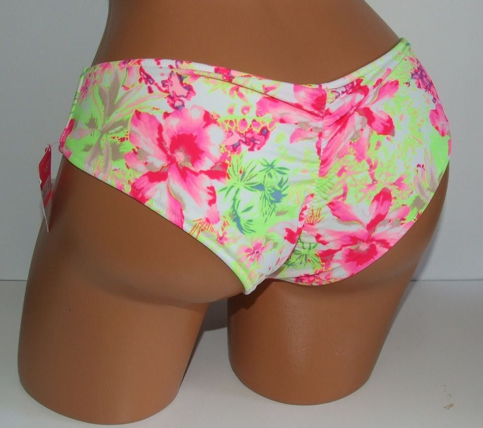   Secret Neon White Floral Ruched Back Cheeky Hipkini Bottom XS RARE NWT