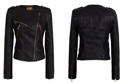 Black Autumn Women Lapel Slim Faux PU Leather Long Sleeve Epaulet 