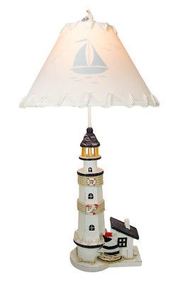 Wooden Lighthouse Table Lamp 18 Inch Shade Nautical