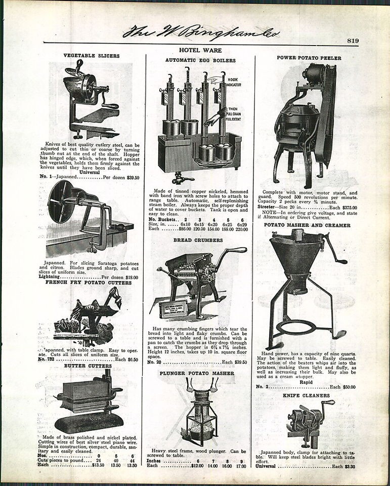 1918 Ad Hotel Kitchen Equipment Egg Boiler Potato Peeler ORIGINAL 