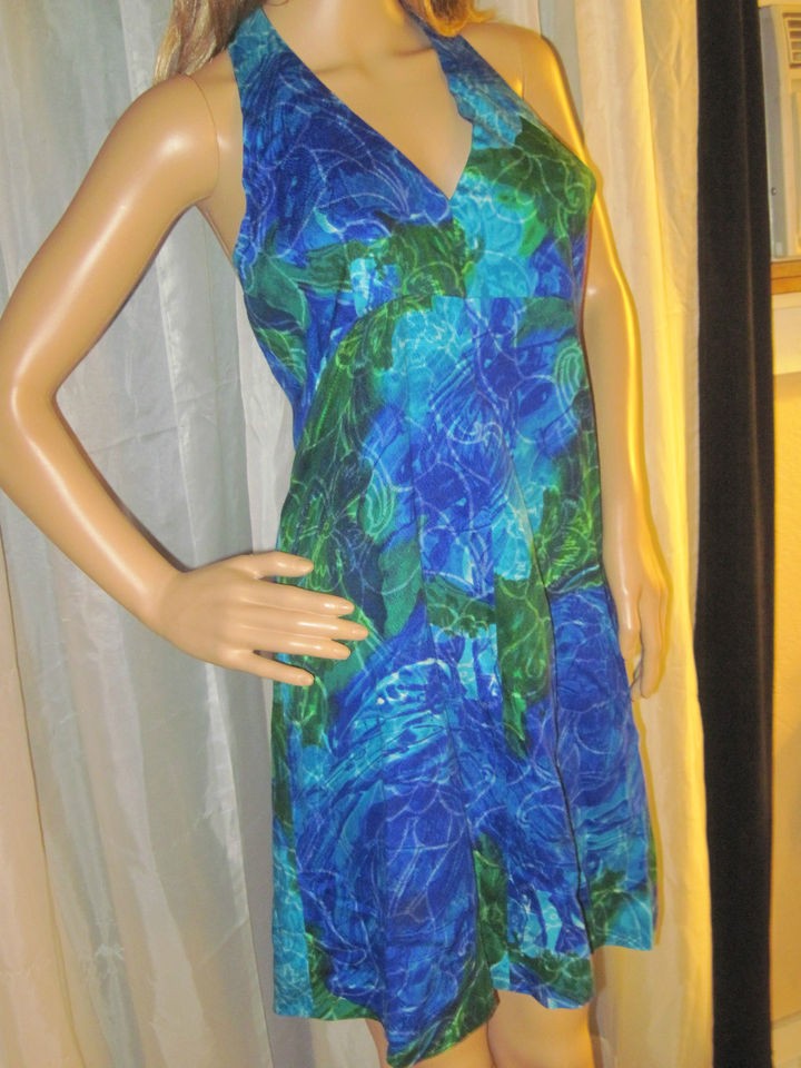 Vintage 1970s Blue Green Tie Dye Bark Cloth Cotton Halter Mini Dress 