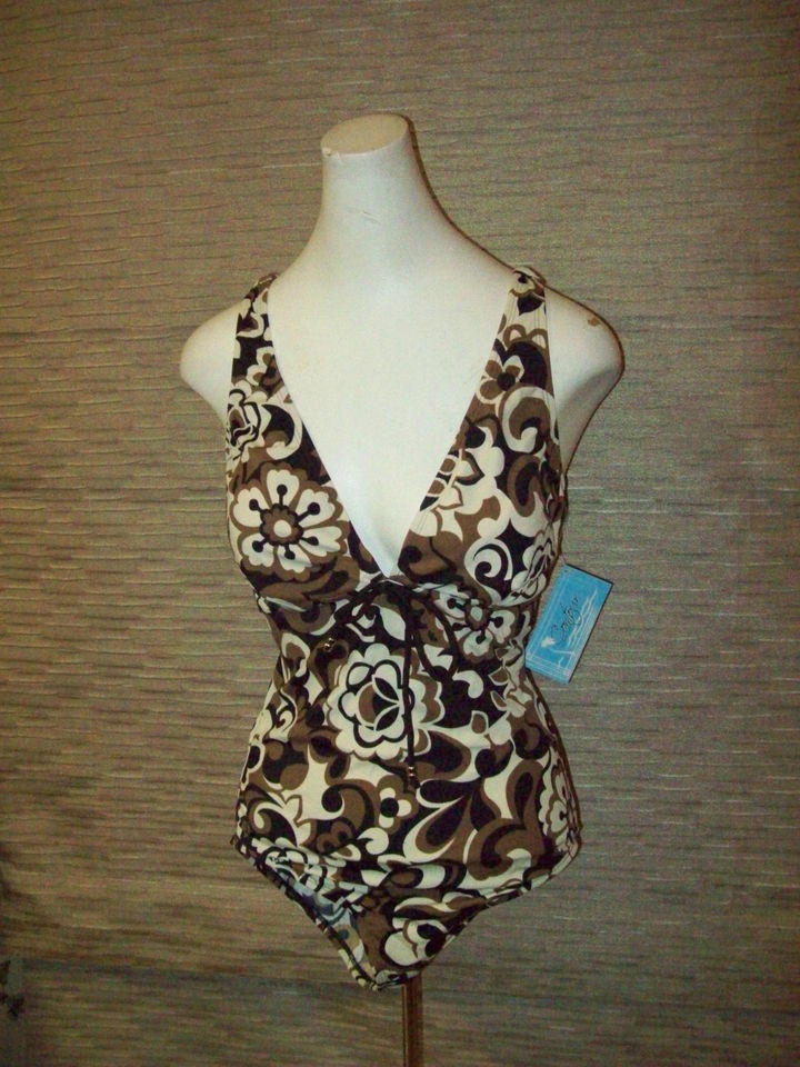 NWT Contour By Beach Scene 1 Pc Tummy Control Retro Print Swimsuit (Sz 