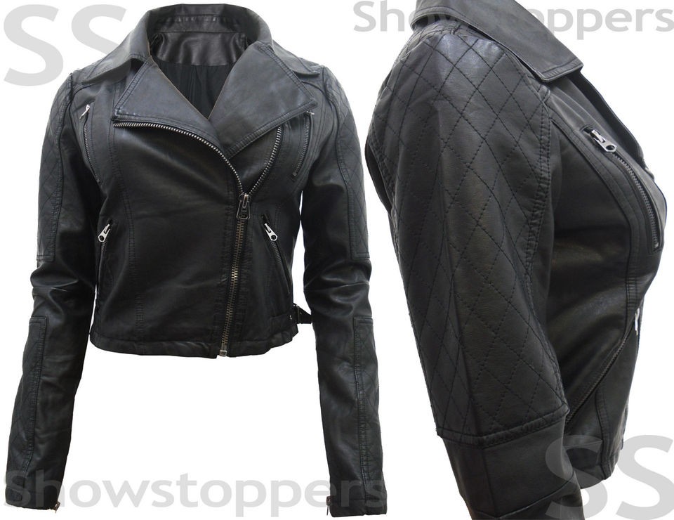 NEW Womens PU BIKER JACKET Crop FAUX LEATHER Ladies PU ZIP Coat Size 8 