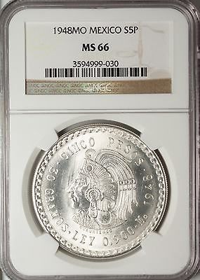 Mexico 5 Pesos 1948 MO NGC MS 66 UNC Silver High Grade Mint in Mexico 