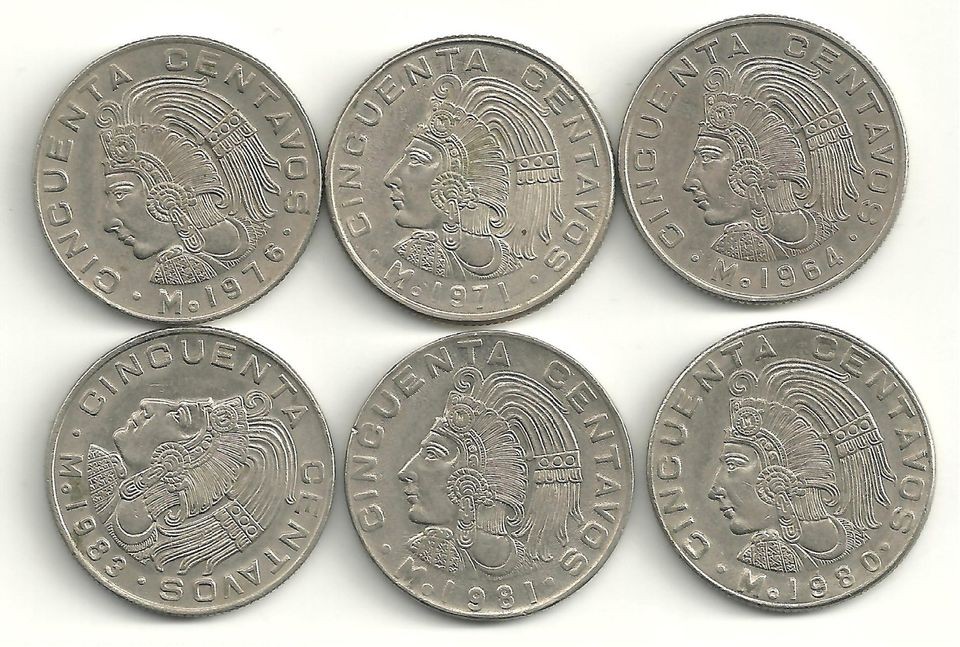 NICE LOT 6 MEXICO 50 CENTAVOS (SNAKE) 1964,1​971,1976,1980,​1981 