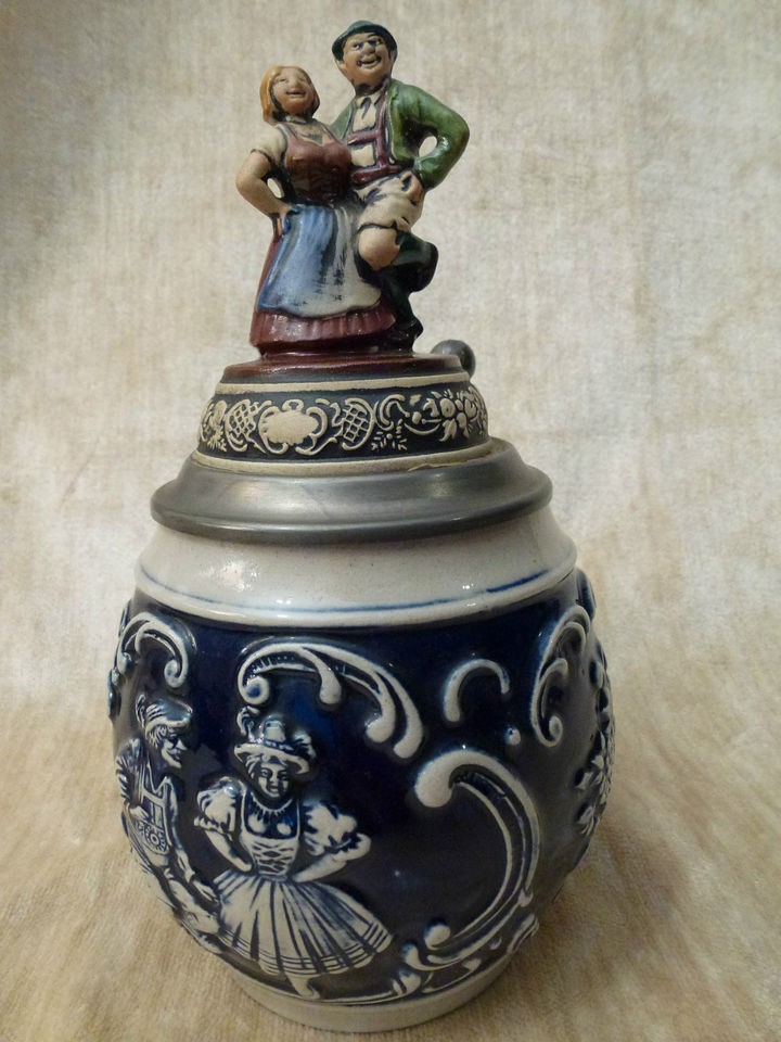   West German Cobalt Blue Lidded Stein Bavarian Polka Dancers Couple