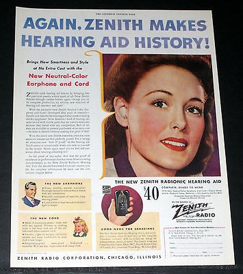 1944 OLD WWII MAGAZINE PRINT AD, NEW ZENITH RADIONIC HEARING AID 