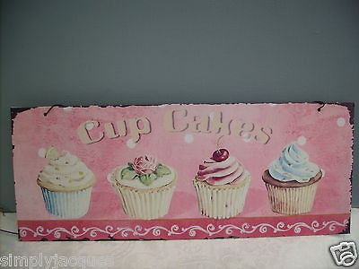 Shabby Vintage Chic Style Sign Pink Cup Cakes Tin/Metal wall Plaque