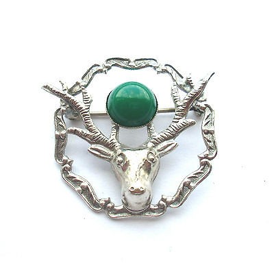 Scottish Celtic Green Stone Stags Head Brooch Signed Mizpah WBs (Ward 