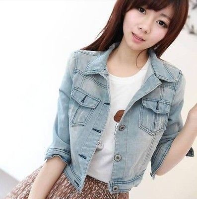 New Women Denim Distressed Crop Denim Jean Jacket