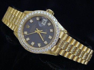 LADIES 18K GOLD ROLEX DATEJUST PRESIDENT DIAMOND WATCH