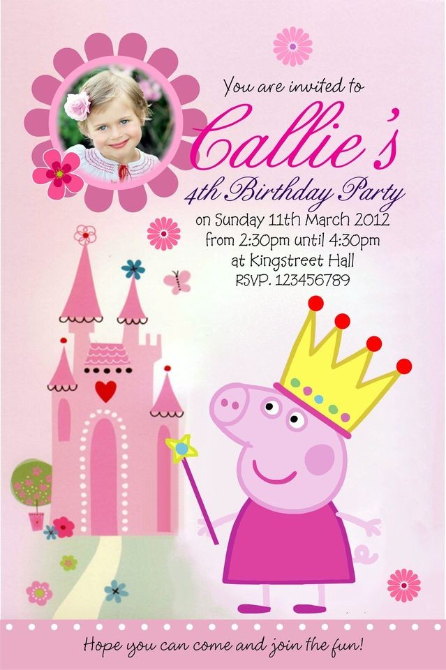 10 x PRINCESS PEPPA PIG PERSONALISED PARTY INVITATIONS