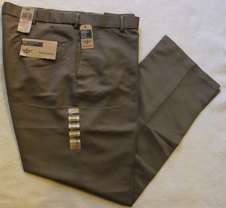 NEW Dockers D3 Mens Classic Fit Flat Front Microfiber Dark Khaki 