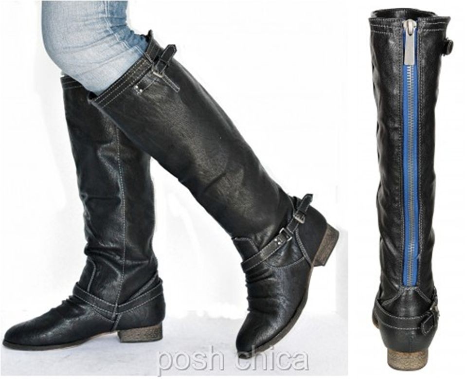 New Womens BO81 Blue Zipper Black Buckle Riding Knee High Boots Sz 5.5 