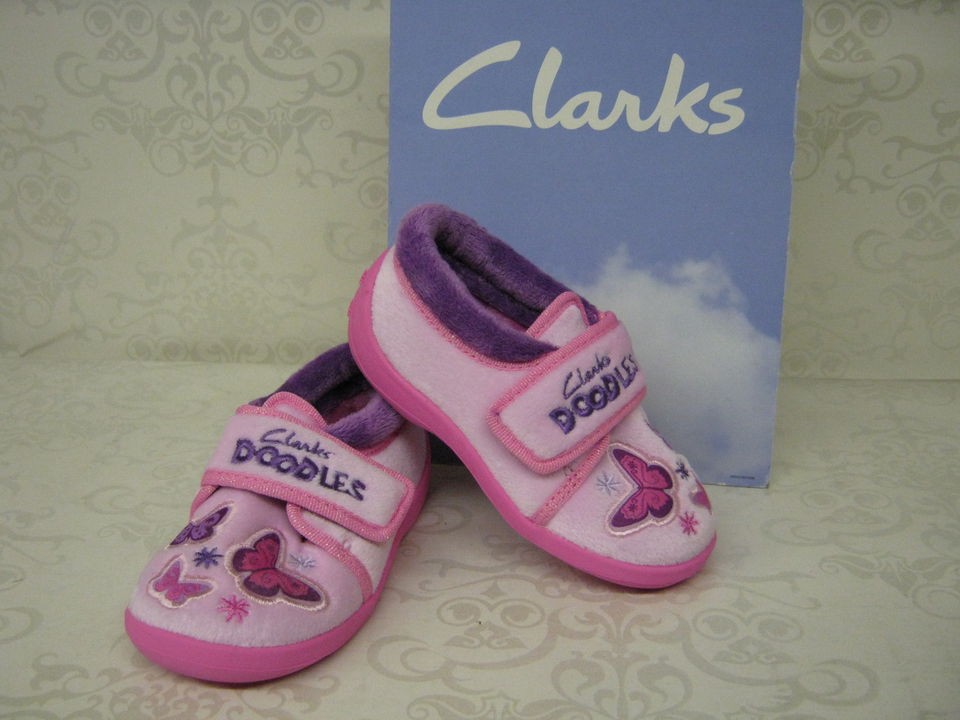 Clarks Girls Bettyne Pale Pink Fabric Velcro Doodles Slippers