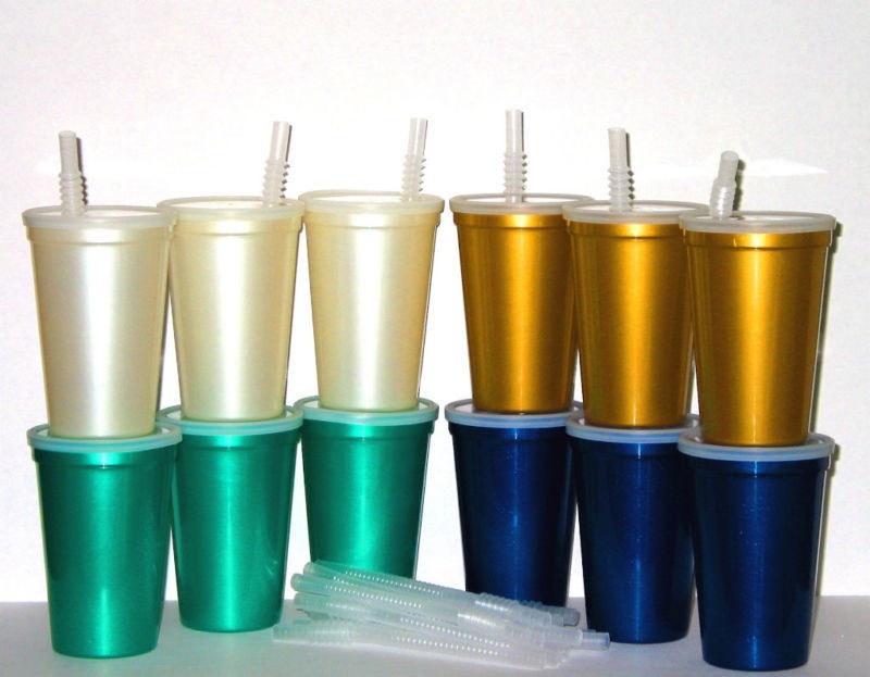 80  16OZ PEARLIZED PLASTIC DRINKING GLASSES LID STRAW