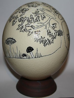 Ostrich Egg Hand carved and inked with Mushroom/Fungi & Tree design 