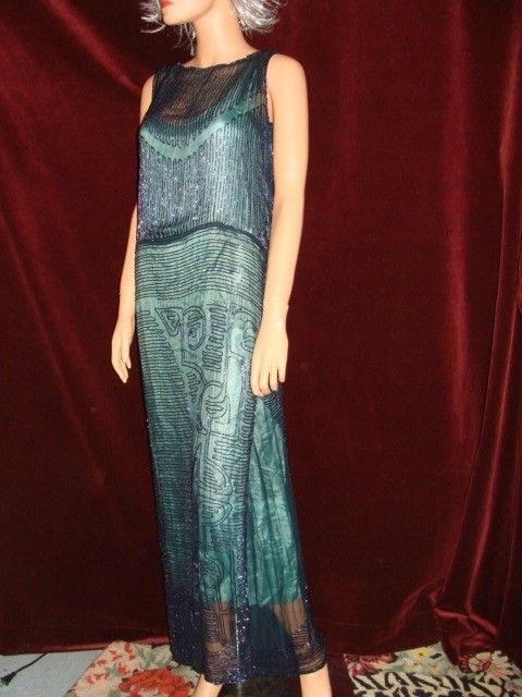 1920S VINTAGE FLAPPER HEAVILY BEADED BLUE DROP WAIST FULL LENGTH 