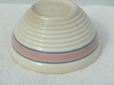 Vintage U S A Pottery Nesting Mixing Bowl   Pink & Blue Bands 