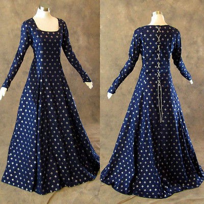 Medieval Renaissance Gown Navy Silver Fleur De Lis Dress Costume LOTR 