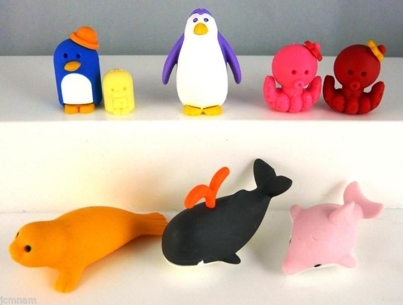 JAPANESE ERASERS IWAKO~ SEA ANIMALS PACKAGE ~ 8PCS HOT