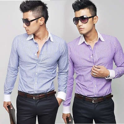 Mens Slim Fit Stylish Dress Strip Shirts US S M L XL 46