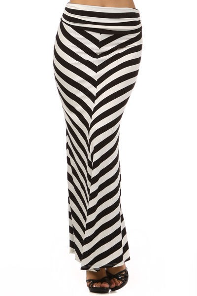 NEW WOMEN BLACK & WHITE STRIPED MAXI SKIRT Full Length Ruched Long S M 