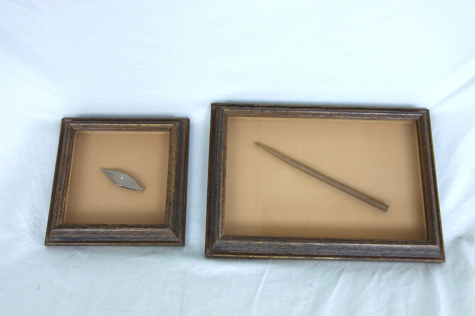 Antique Crochet Hook and Tatting Shuttle displayed in Glass Shadow 