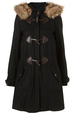 TOPSHOP Black Hooded Faux Fur Trim Wool Duffle Coat Swing Toggle Warm 