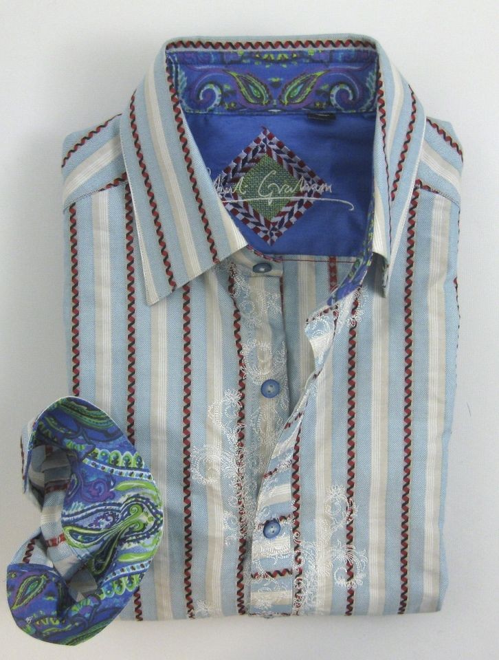 New ROBERT GRAHAM Blue Beige Red Stripe Cotton Dress Sport Shirt M NWT 