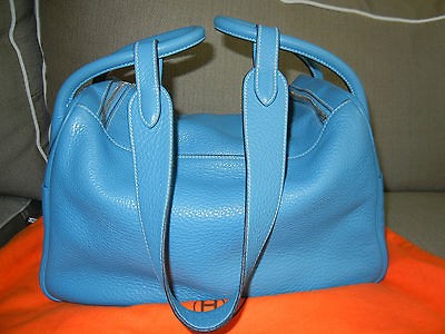 Hermes Lindy 34 Stamp L Clemence Leather PHW Blue Jean Bag 100% 