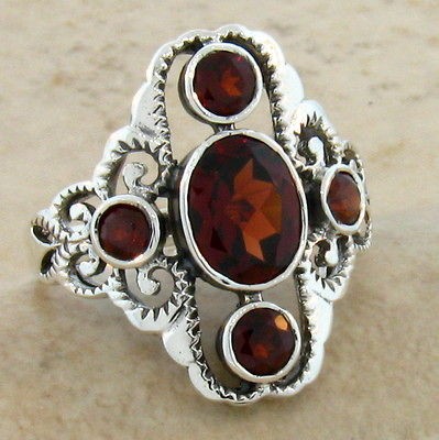 NATURAL GARNET ANTIQUE VICTORIAN STYLE .925 STERLING SILVER RING SIZE 