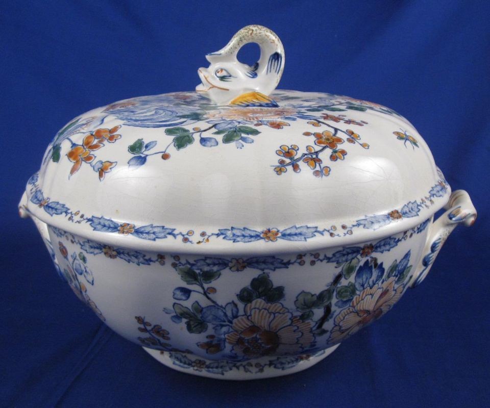 Gien France Delft Colorie Blue Rooster Soup Tureen RARE Paint Mein 