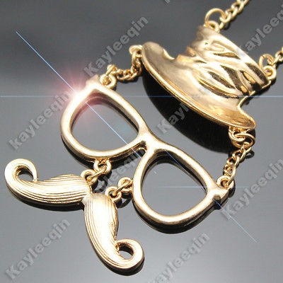 Gold Moustache Mustache Glasses Cowboy Hat Hinged Magic Face Pendant 