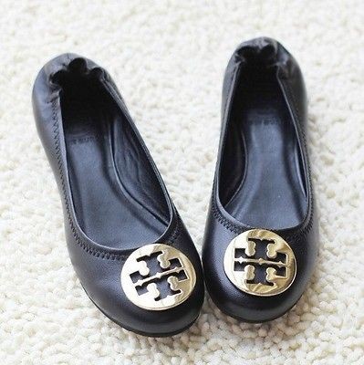 New Classic Tory Reva Ballet Flats Shoes Burch Black Silver Logo US 