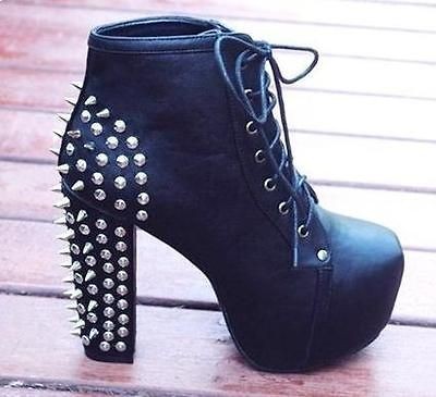 z19 Women’s Spike Studded Punk High Cuban Heel Platform Lace Up 