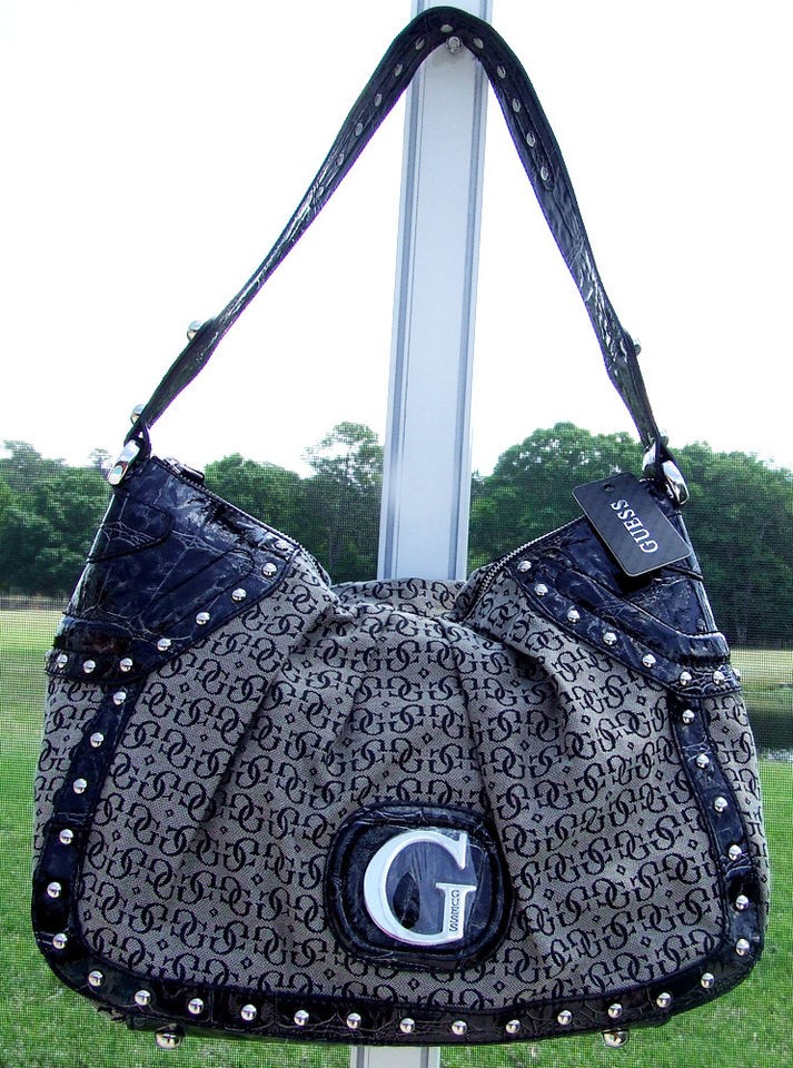 GUESS BY MARCIANO BLACK LOGO FABRIC FAUX LEATHER CROCO ZIP TOP HANDBAG 