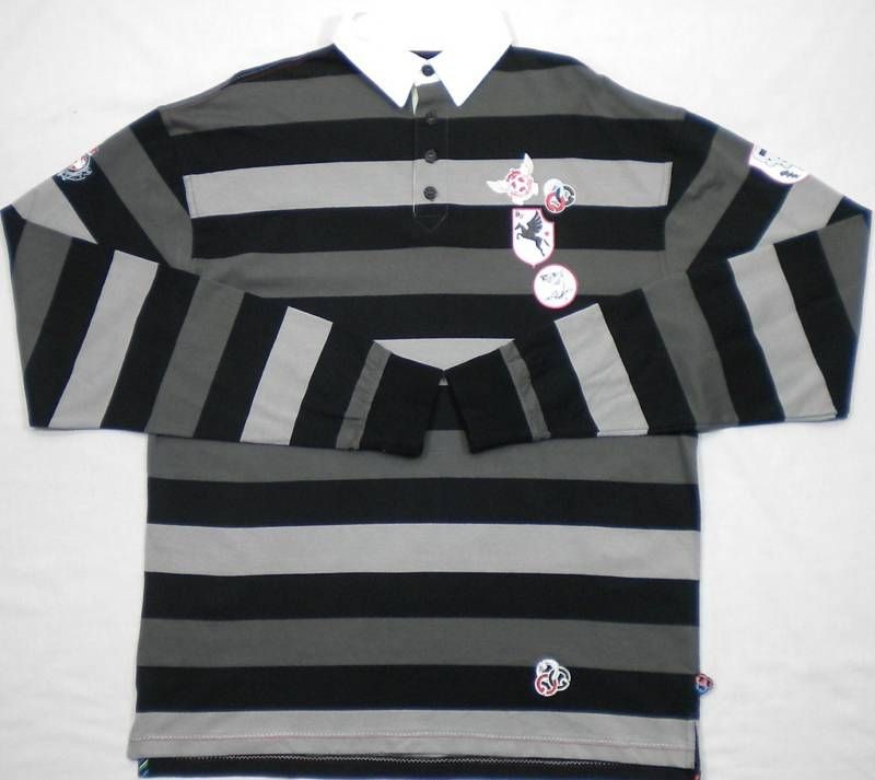 GINO GREEN GLOBAL Mens Urban Black Gray Stripe Long Sleeve Polo Shirt 