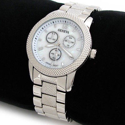 SILVER 3D Geneva Metal Bracelet Mesh Bezel Womens WATCH