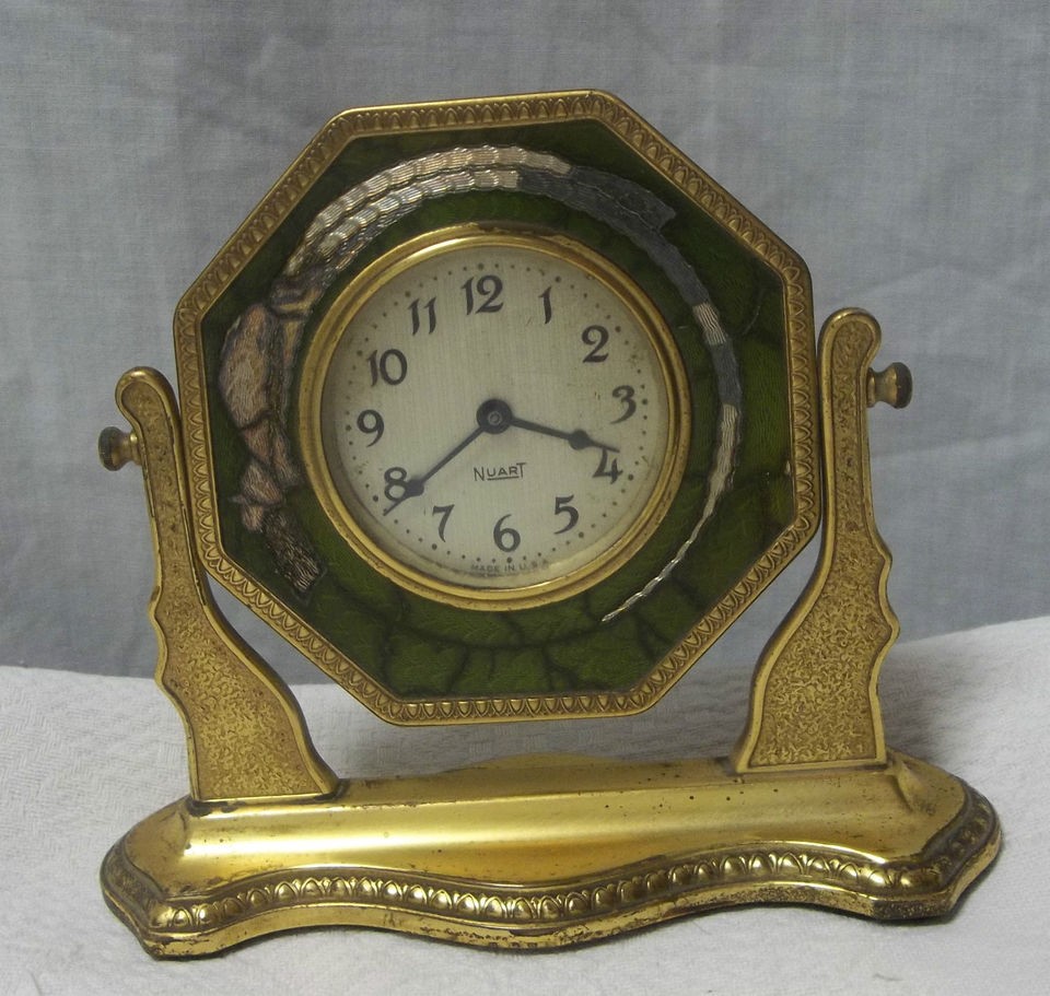 ART DECO BOUDOIR CLOCK GUILLOCHE ENAMEL GREEN & SILVERTONE IN GOLD 