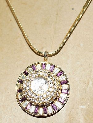 Estate Vintage Purple Rhinestone Sun Bonnet Hat Watch Pendant Monet 