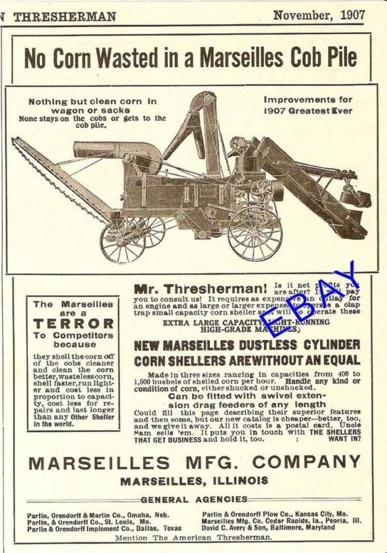 NEAT 1907 MARSEILLES IL CORN SHELLER AD COB ILLINOIS