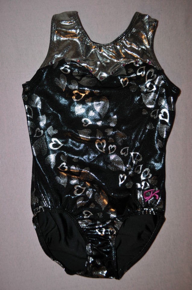   Child S+L Black+Silver Hearts w/jewels Gymnastics Leotard #E1623