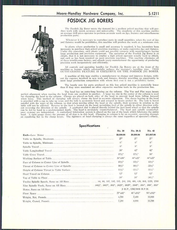 1948 AD Fosdick Jig Borers Canedy Otto Radial Arm Drills