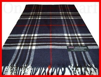 100% Cashmere Scarf Navy Red White Black Check Plaid Scarf Scotland 