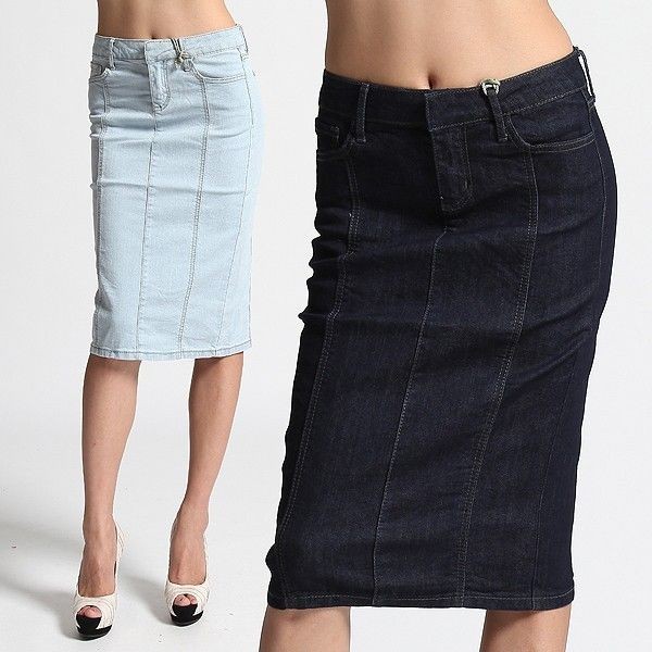 MOGAN Indigo & Bleach Washed DENIM KNEE SKIRT Calf Length Pencil Jean 