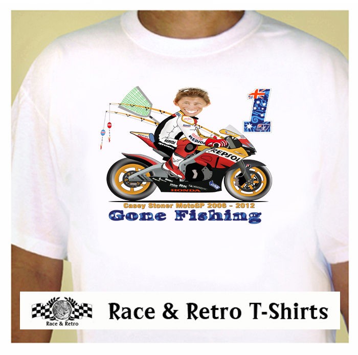 Race & Retro   Casey Stoner MotoGP Retirement Gone Fishing T Shirt