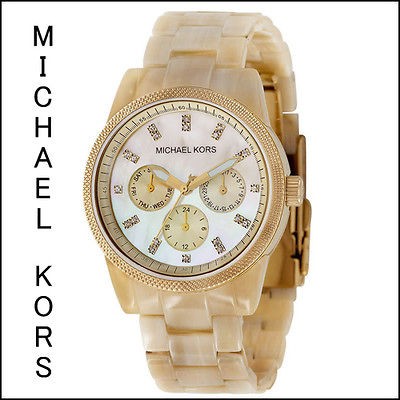 NEW 2012 MICHAEL KORS CREAM HORN BEIGE/GOLD CHRONO JET SET MK5039 